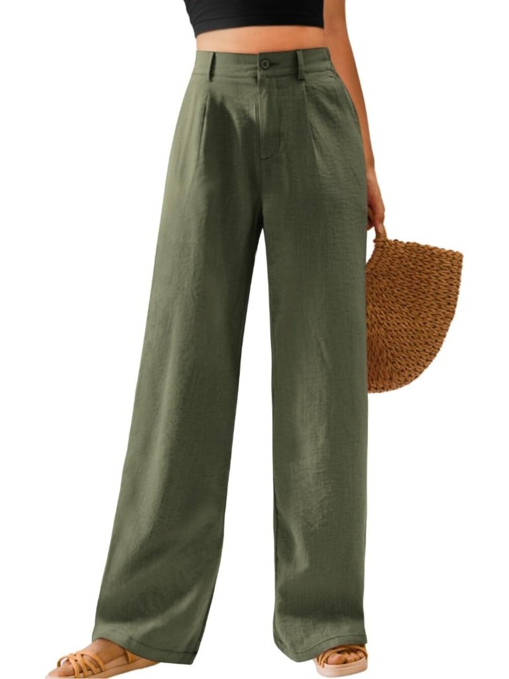 Women's Army Green High Waisted Button Down Straight Long Casual Wide Leg Pants